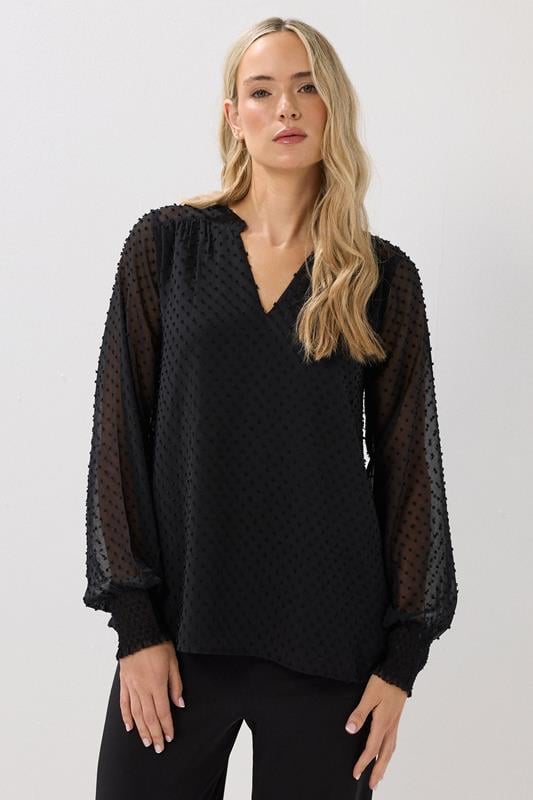 Tall  LTS Tall Black Dobby Spot Shirred Cuff Top
