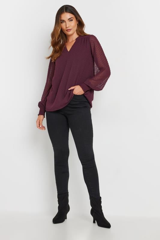 LTS Tall Burgundy Red Dobby Spot Long Sleeve Blouse | Long Tall Sally 2