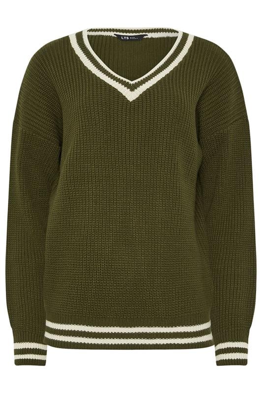 Tall  LTS Tall Khaki Green Stripe V-Neck Jumper