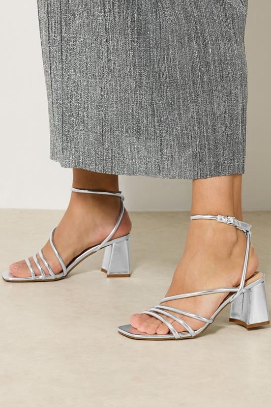 Silver Aysmmetric Strappy Block Heels In Standard Fit | Yours Clothing 1