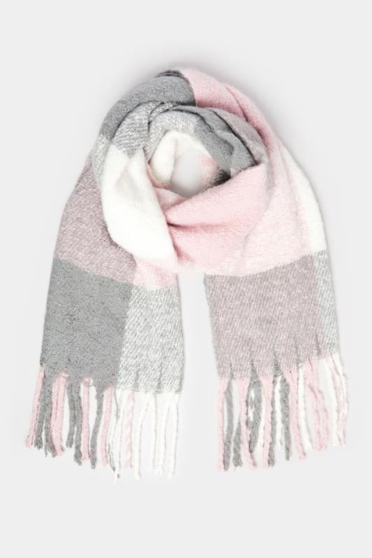 Grey & Pink Check Print Tassel Trim Chunky Scarf | Yours Clothing 2