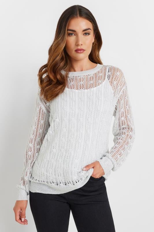 Tall  LTS Tall Light Grey Metallic Crochet Jumper