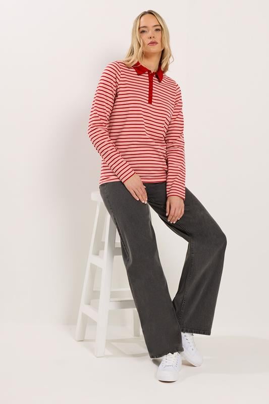 LTS Tall Women's Red and Pink Stripe Polo T-Shirt | Long Tall Sally 2