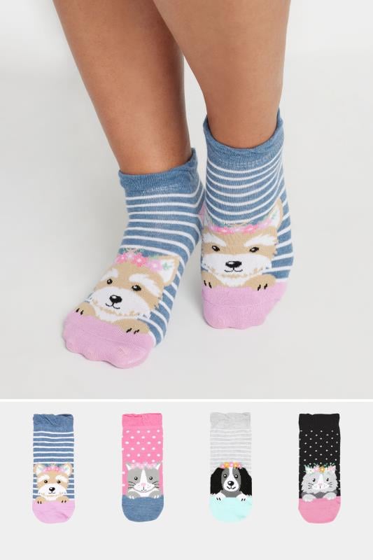 Plus Size  Yours 4 PACK Blue & Pink Dog Print Trainer Socks