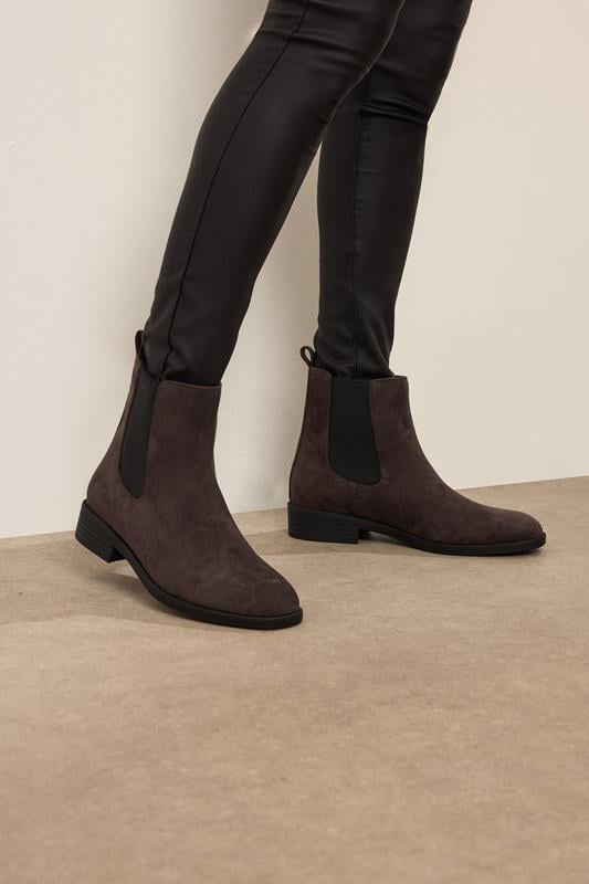LTS Chocolate Brown Faux Suede Chelsea Ankle Boots In Standard Fit | Long Tall Sally 1