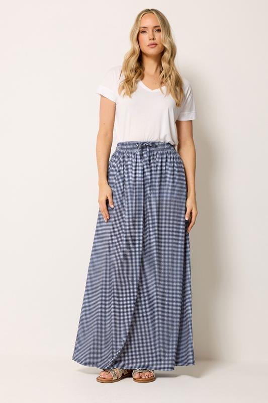  LTS Tall Navy Blue Gingham Shirred Maxi Skirt