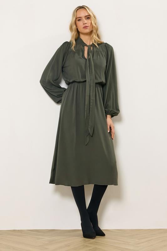 Tall  LTS Tall Green Acid Wash Tie Neck Midaxi Dress