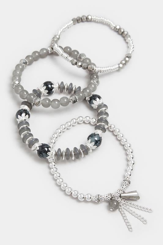 4 PACK Silver Tone Beaded Stretch Charm Bracelets | Yours Clothing 2