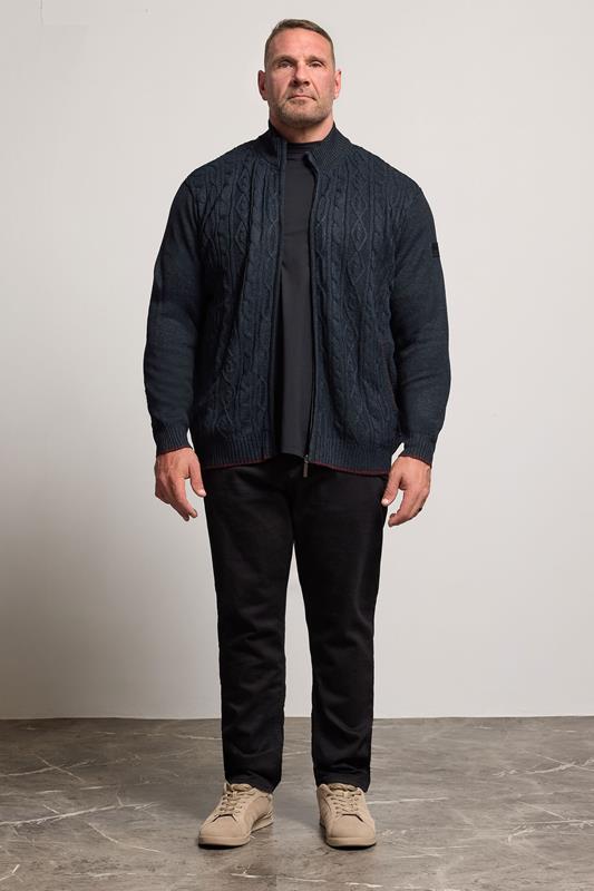 D555 Big & Tall Navy Blue Marl Zip Through Cable Knit Jumper | BadRhino 3