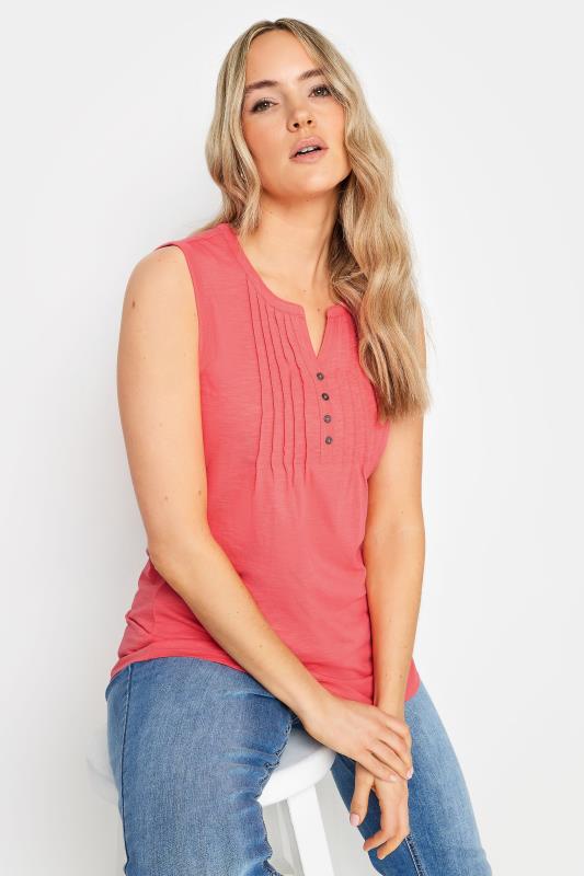 LTS Tall Women's Coral Pink Cotton Henley Vest Top | Long Tall Sally 1