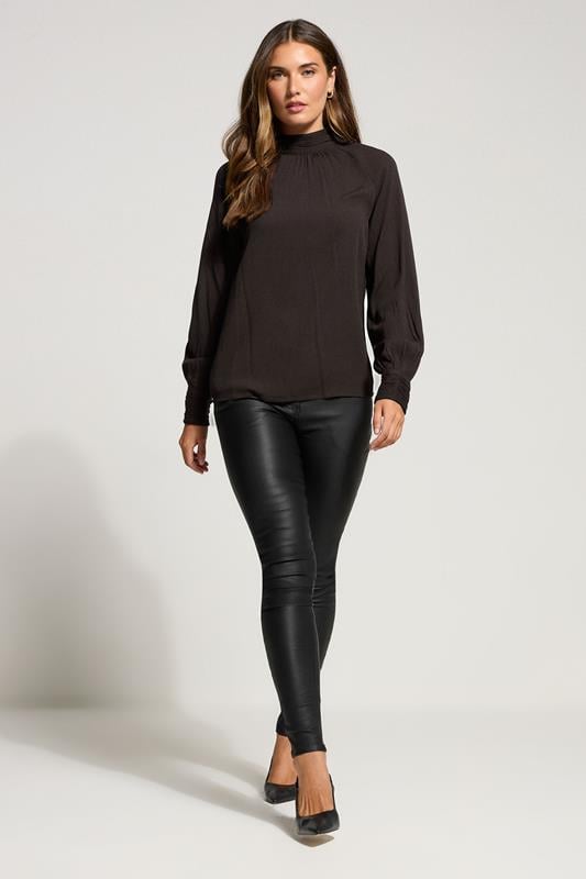 LTS Tall Chocolate Brown High Neck Crinkle Blouse | Long Tall Sally 2