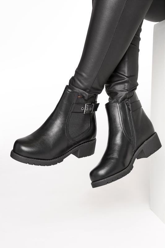 Black Chelsea Buckle Ankle Boots In Extra Wide Fit | Yours Clothing 1