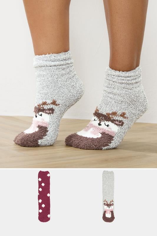 2 PACK Grey & Red Reindeer Fluffy Bed Socks | Yours Clothing 1
