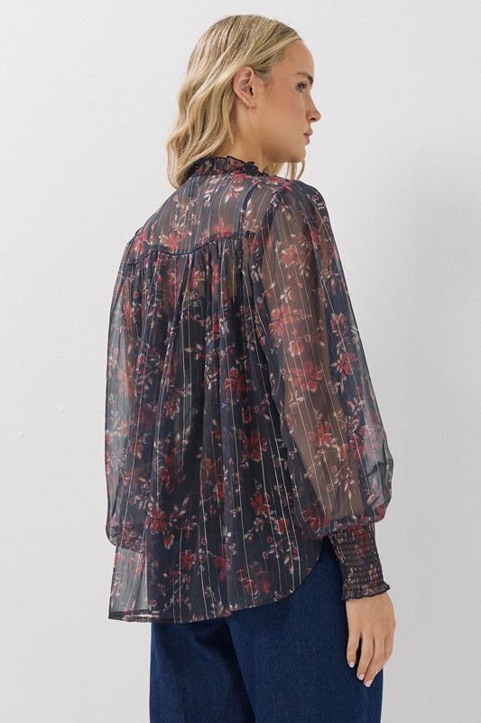LTS Tall Navy Blue Floral Print Frill Neck Blouse | Long Tall Sally 3