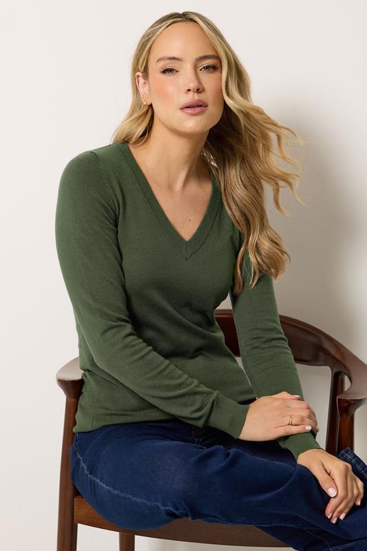  LTS Tall Olive Green Knit V-Neck Jumper