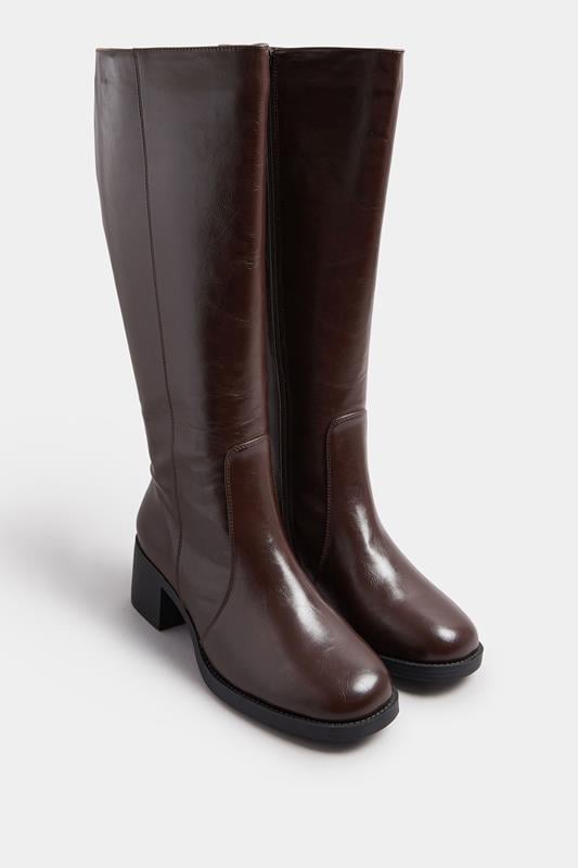 Brown Square Toe Knee High Boots In Extra Wide EEE Fit | Yours Clothing 2