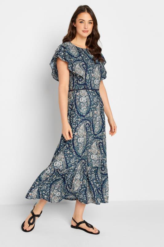 LTS Tall Women's Navy Blue Paisley Print Frill Sleeve Maxi Dress | Long Tall Sally 1