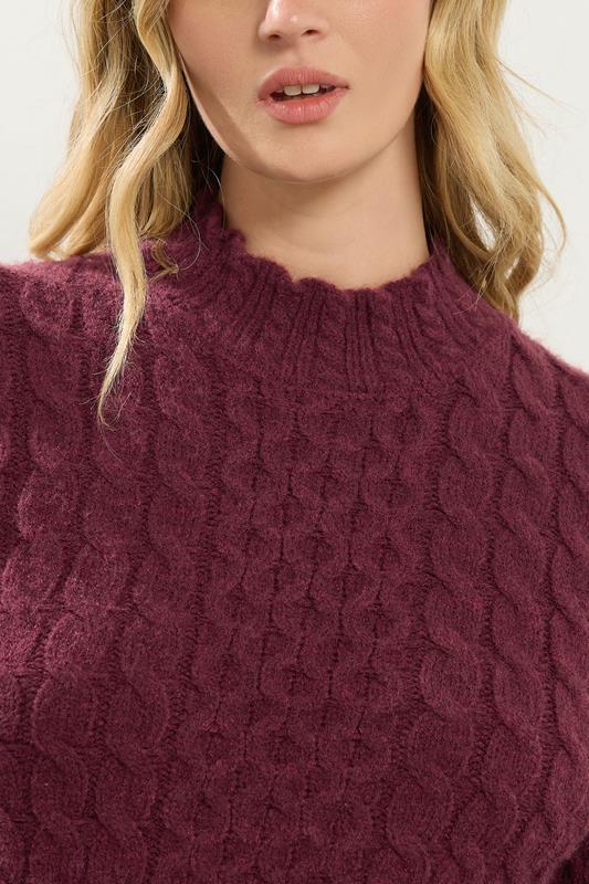 LTS Tall Burgundy Red Cable Knit Frill Jumper | Long Tall Sally 5