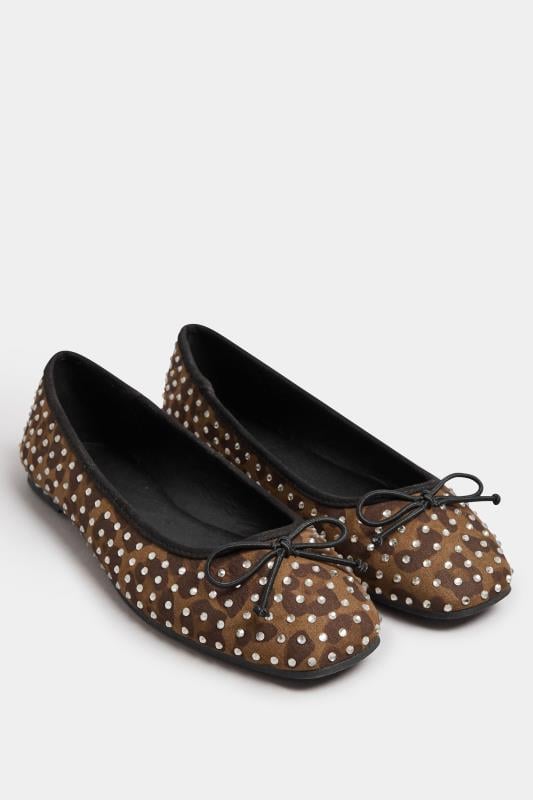 LTS Brown Leopard Print Faux Suede Diamante Ballerina Pumps In Standard Fit | Long Tall Sally 2