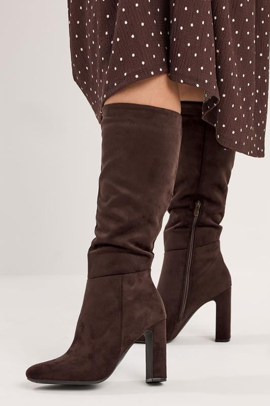 Plus Size  Yours Brown Faux Suede Heeled Knee High Boots In Standard Fit