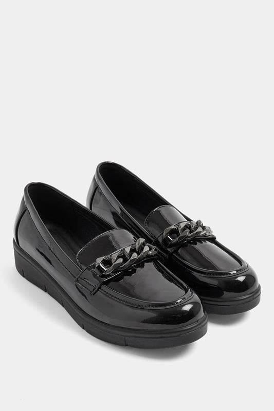  Yours Black Chain Detail Flatform Loafers In Wide E Fit