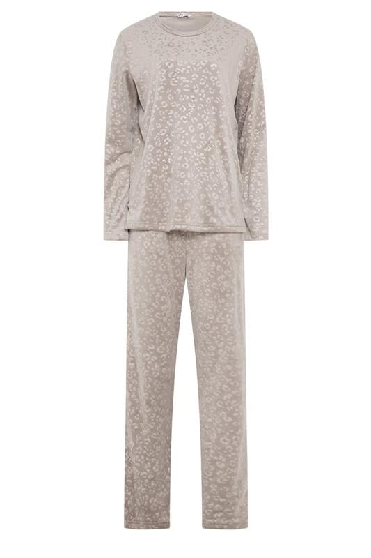 LTS Tall Stone Brown Leopard Embossed Luxe Fleece Pyjama Set | Long Tall Sally 5