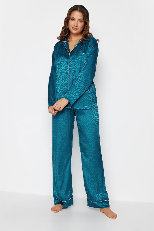 LTS Tall Women's Teal Blue Leopard Print Satin Pyjama Set | Long Tall Sally 3