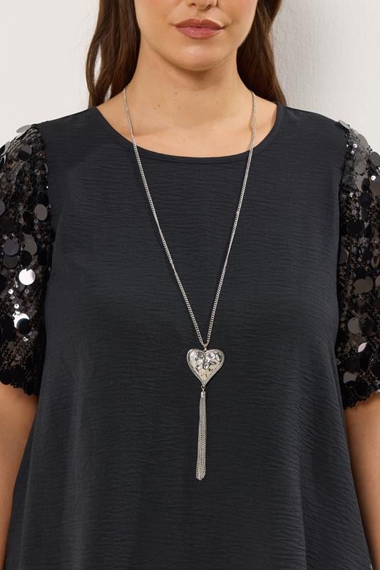Silver Tone Long Heart Tassel Necklace