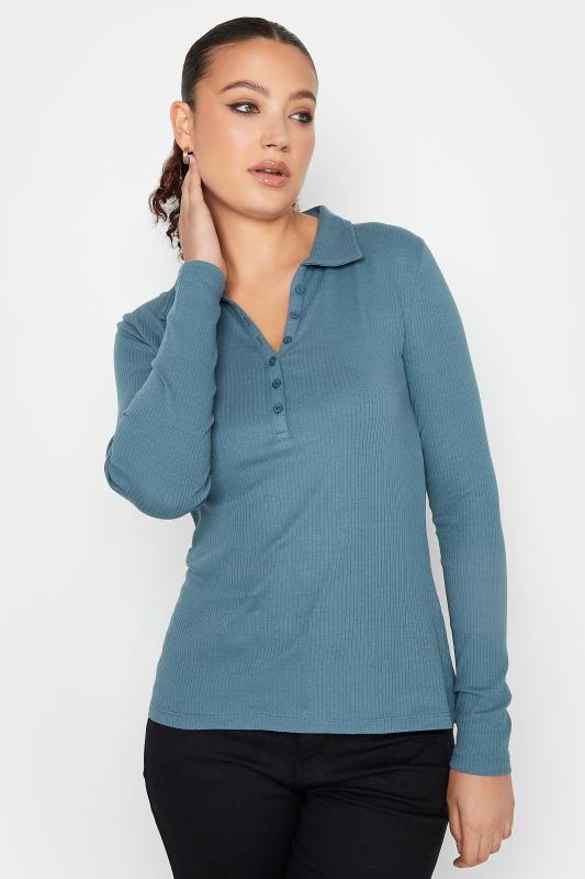 LTS Tall Blue Ribbed Button Detail Collared Top | Long Tall Sally 4