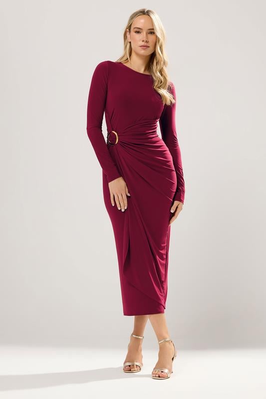 LTS Tall Wine Red Jersey Drape Long Sleeve Buckle Dress | Long Tall Sally 2