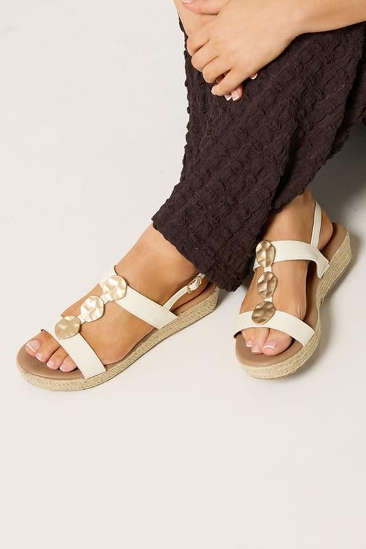 White Hammered Disk Wedge Sandals In Wide E Fit