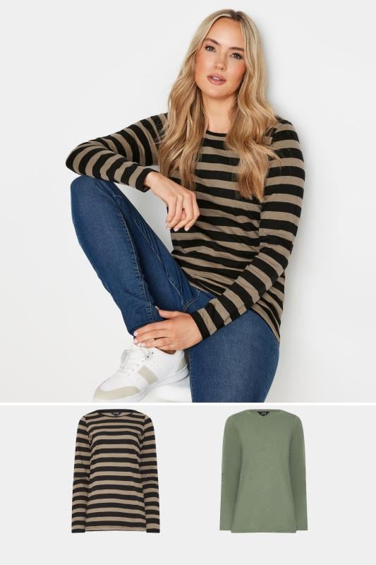 LTS Tall 2 PACK Black & Khaki Green Stripe Long Sleeve T-shirt Tops | Long Tall Sally 1