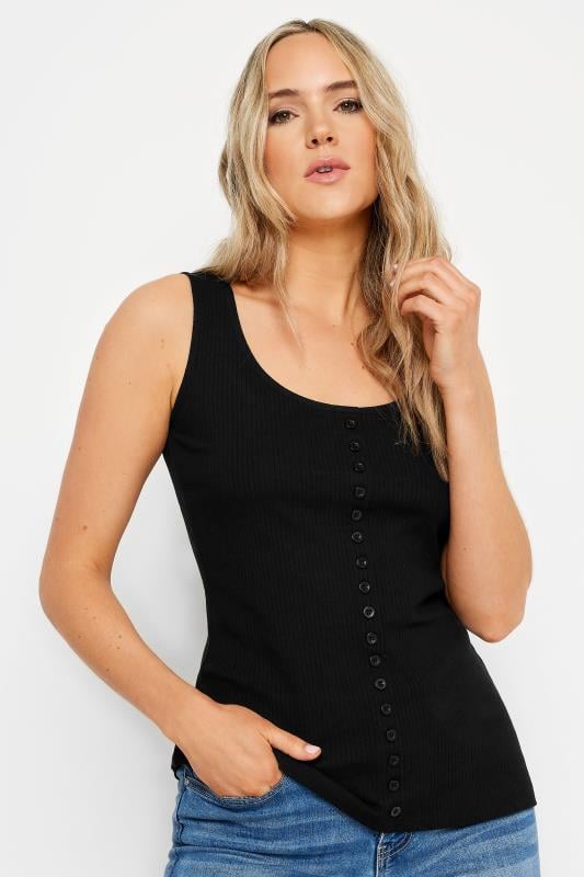 LTS Tall Women's Black Ribbed Button Detail Vest Top | Long Tall Sally 1