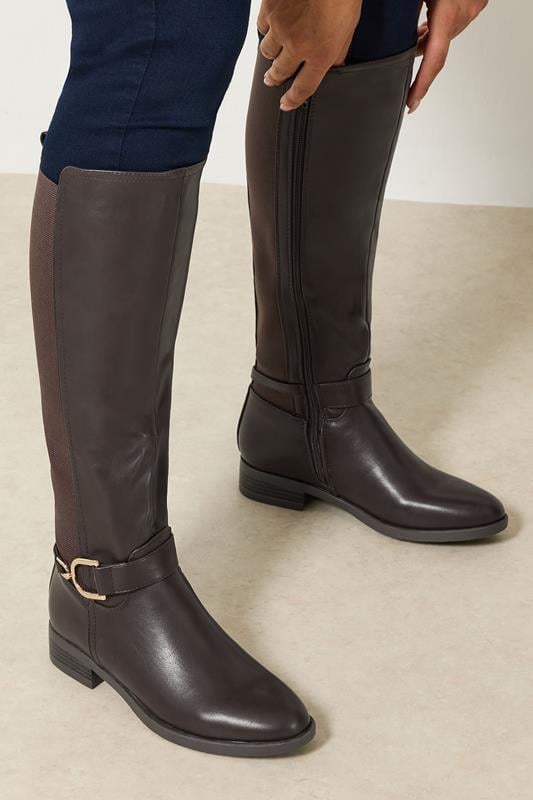 Brown Buckle Stretch Back Knee High Boots In Standard Fit | Yours Clothing 1