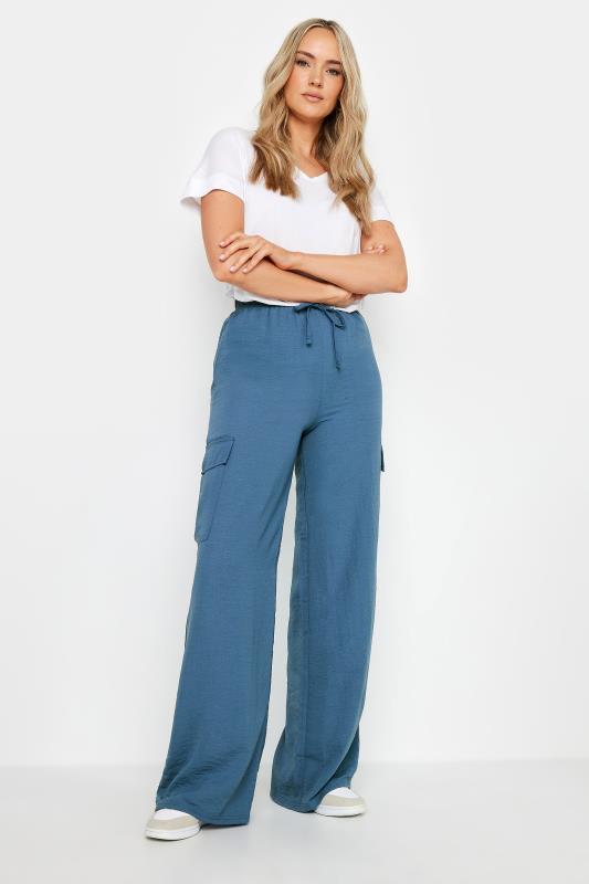 LTS Tall Women's Denim Blue Cargo Crepe Wide Leg Trousers | Long Tall Sally 1