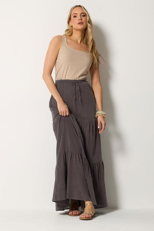 LTS Tall Chocolate Brown Acid Wash Tiered Maxi Skirt