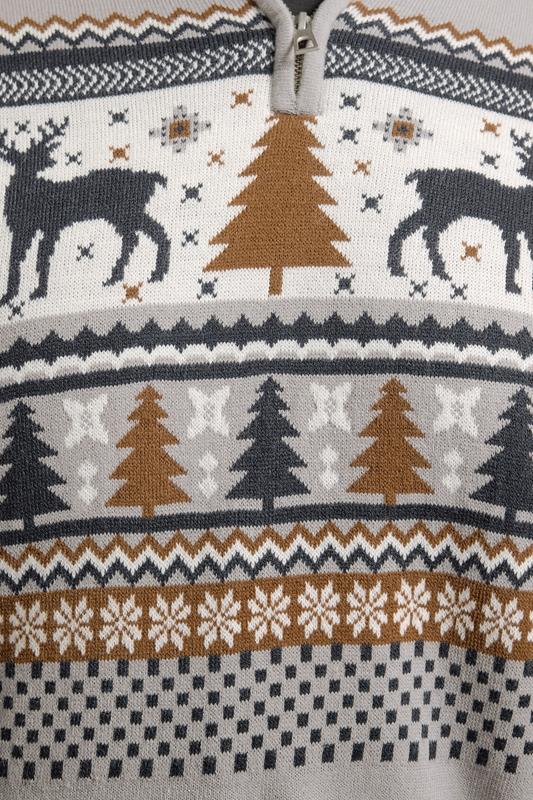 BadRhino Big & Tall Grey Fairisle Deer Quarter Zip Knitted Jumper | BadRhino 6