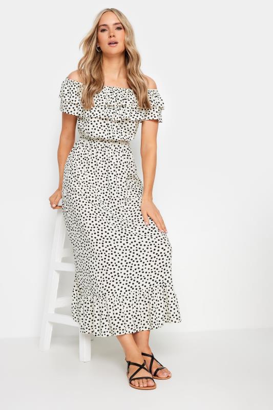 LTS Tall Women's White Polka Dot Bardot Frill Maxi Dress | Long Tall Sally 1