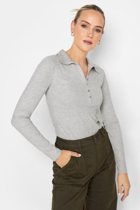 Tall  LTS Tall Grey Ribbed Button Detail Collared Top