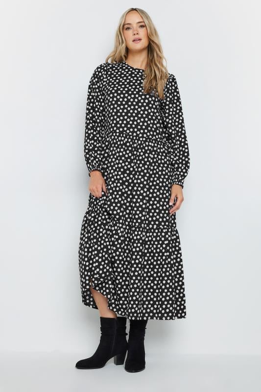 LTS Tall Women's Black Spot Print Tiered Smock Dress | Long Tall Sally 1