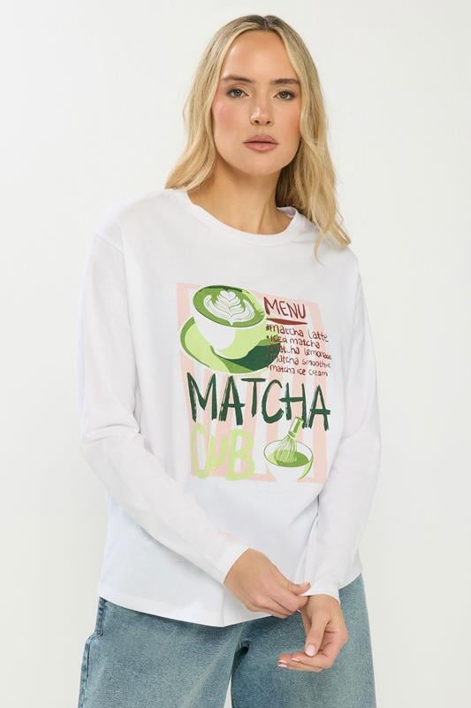 Tall  LTS Tall White 'Matcha Club' Slogan Long Sleeve T-Shirt
