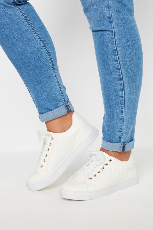 White Quilted Trainers In Extra Wide EEE Fit | Yours Clothing 1