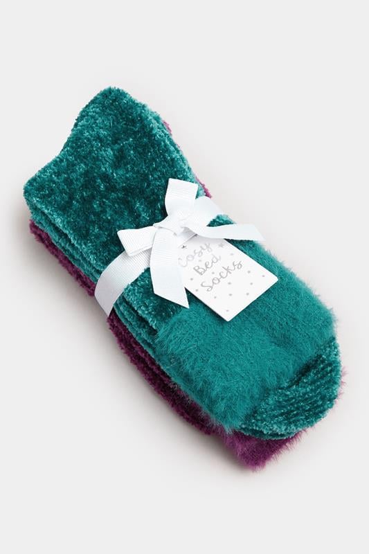 2 PACK Green & Purple Chenille Ankle Bed Socks | Yours Clothing 3
