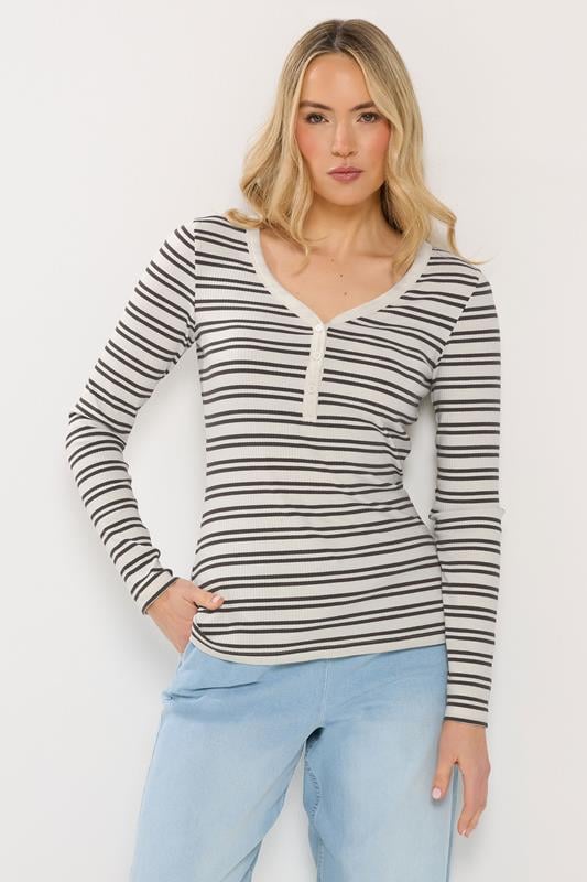 Tall  LTS Tall White & Brown Stripe Cotton Ribbed Henley Top