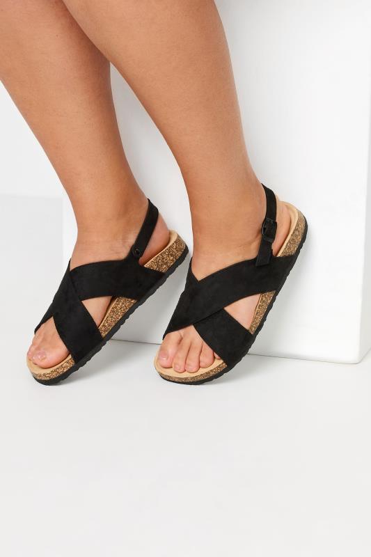 Plus Size  Yours Black Cross Strap Footbed Sandals In Extra Wide EEE Fit