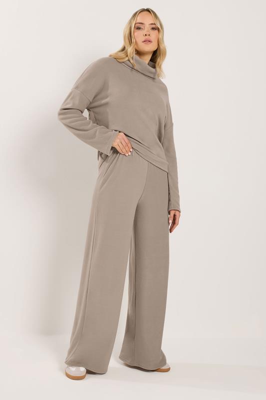 LTS Tall Set Natural Brown Ribbed Roll Neck Top & Wide Leg Trousers