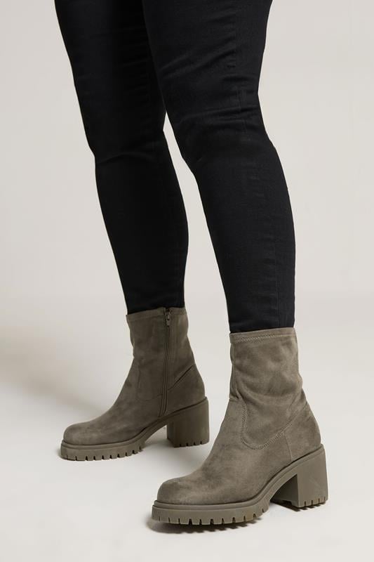 Mocha Brown Faux Suede Stretch Sock Boots In Extra Wide EEE Fit | Yours Clothing 1