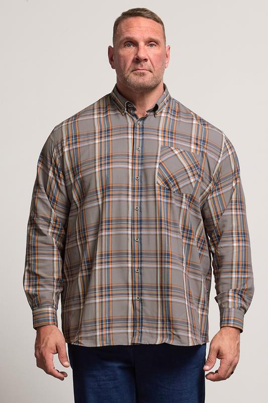 KAM Big & Tall Stone Grey Long Sleeve Check Shirt