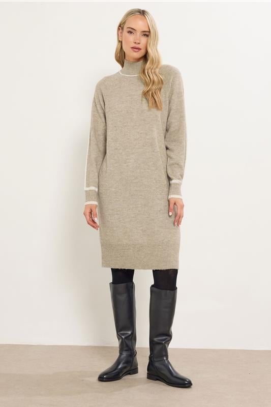 LTS Tall Beige Brown Contrast Trim Jumper Dress | Long Tall Sally 3