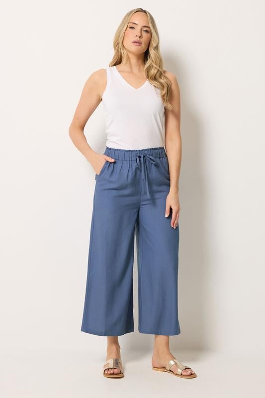  LTS Tall Blue Linen Cropped Wide Leg Trousers